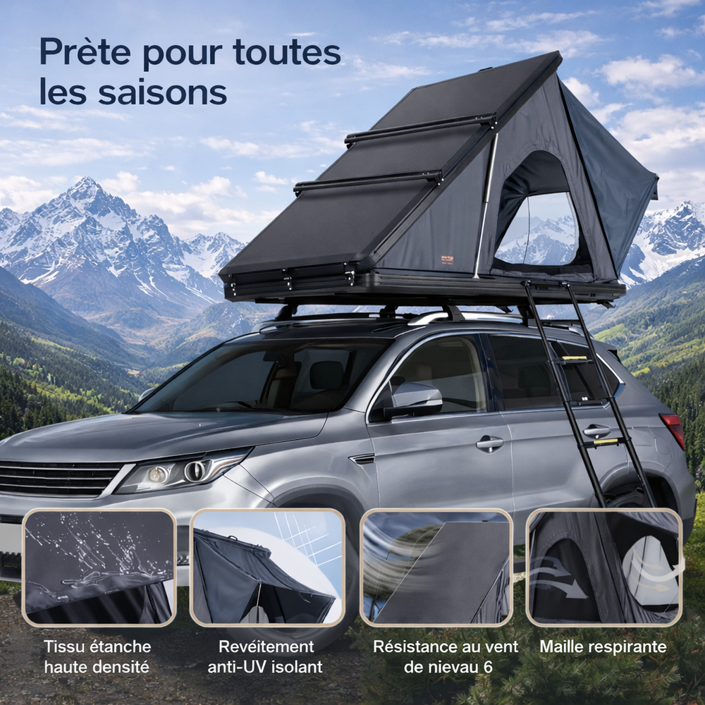 Tente de toit rigide 2 places – Coque aluminium, isolation thermique