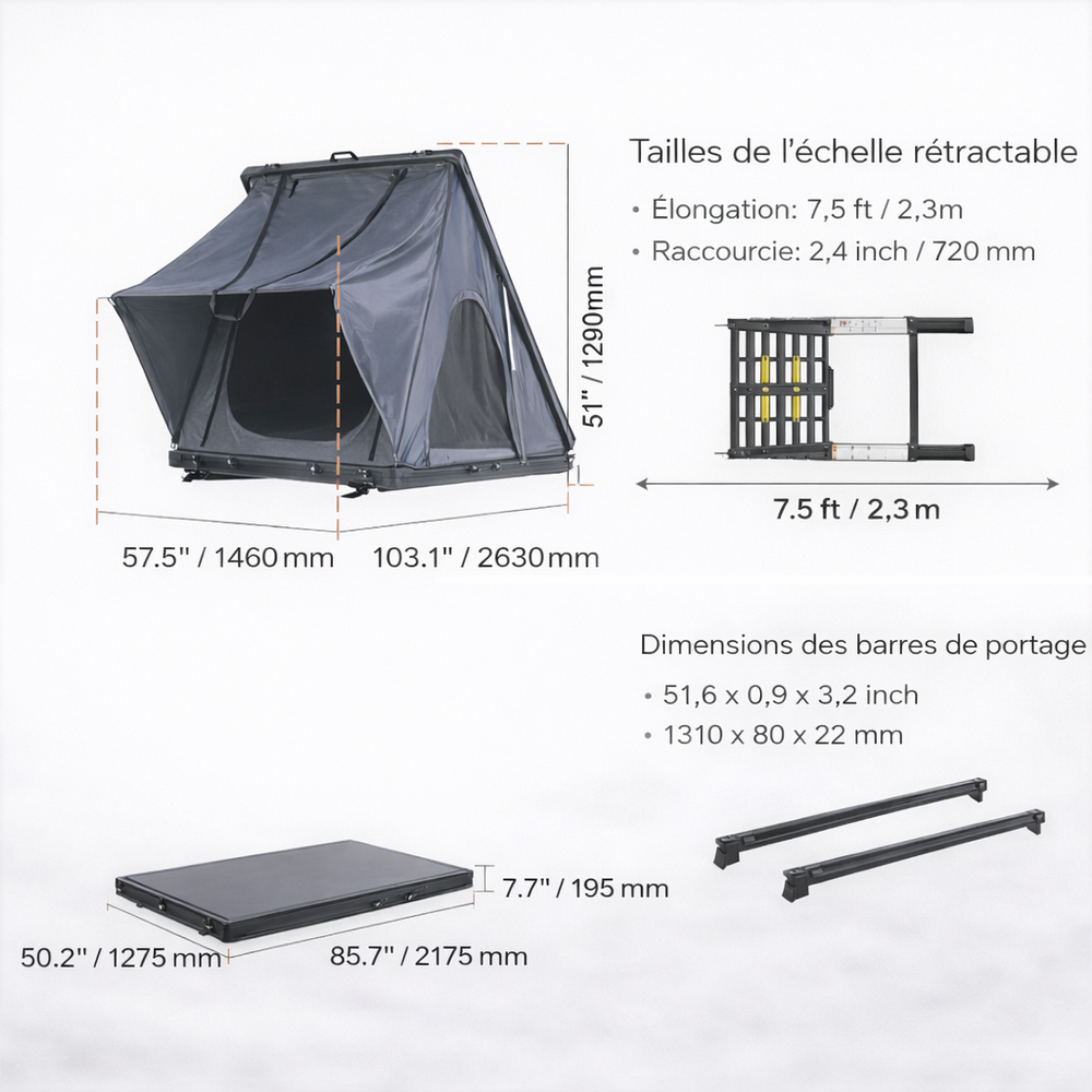 Tente de toit rigide 2 places – Coque aluminium, isolation thermique