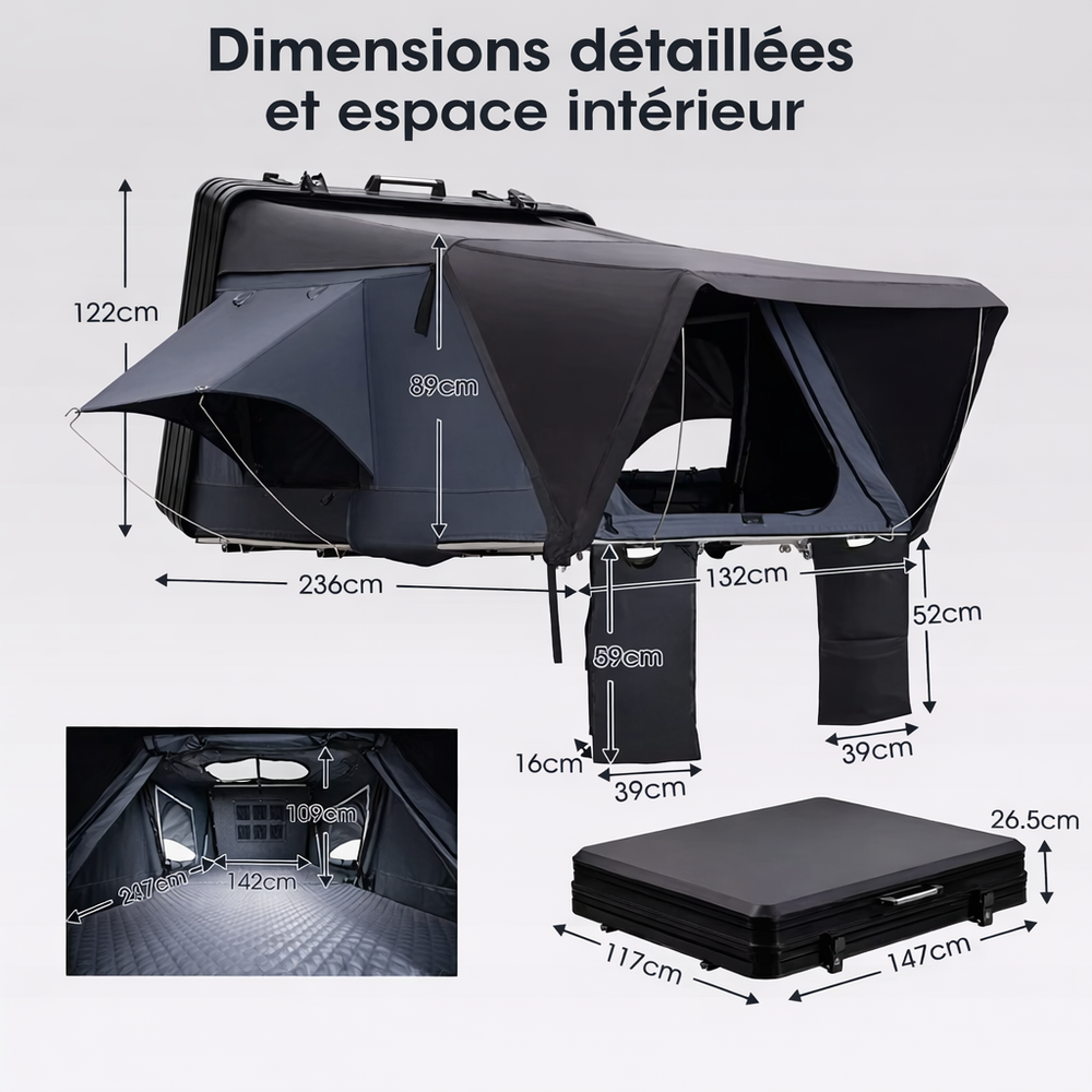 Tente de toit rigide 4 places – Étanche, isolation thermique